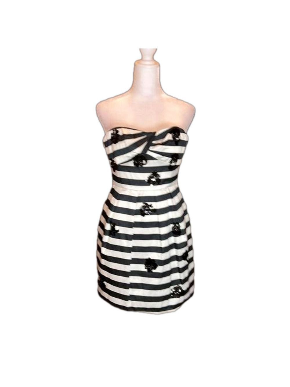 BCBGMAXAZRIA Black & White Striped Satiny Strapless Formal Mini Dress, Size 0
